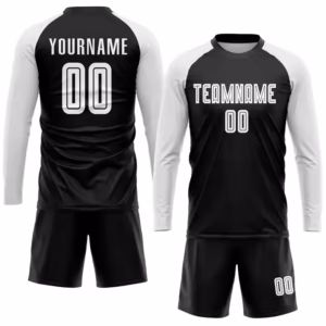 Classic Custom Sublimation Soccer Jersey Black and White Raglan Sleeve Football Uniform Kit Cheap Low MOQ for Summer Sports