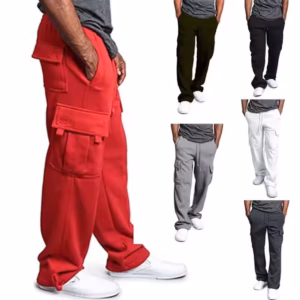 Custom Logo Designer Solid Fleece Heavyweight Trousers Man Cotton Polyester Multi-Pocket Loose Cargo Sweat Pants Men