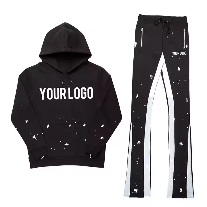 Custom Streetwear Tracksuit High Quality Flare Sweat Pants Blank Unisex Hoodie and Stacked Jogger Set Men Custom Streetwear Tracksuit High Quality Flare Sweat Pants Blank Unisex Hoodie and Stacked Jogger Set Men