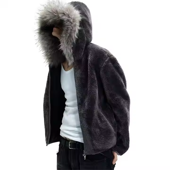Fur Hood Oversized Jackets Solid Color Soft Sherpa Hoodie Polar Fleece Zip up Hoodie for Men