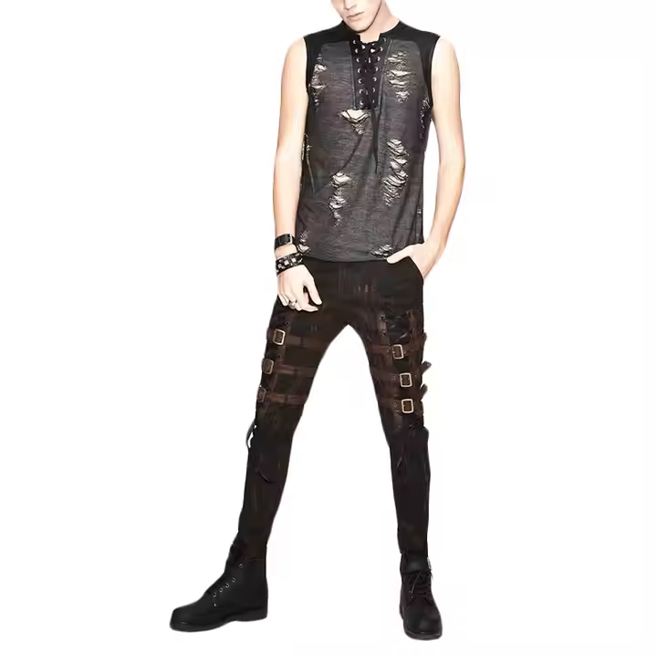 Men's Polyester Sleeveless Hollow Ripped Loose Vintage Washed Trend Vest